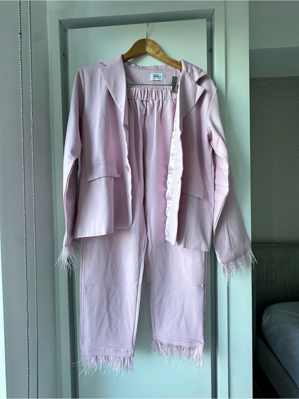 lola Light Pink Feather-Trim Kids Pajama Set